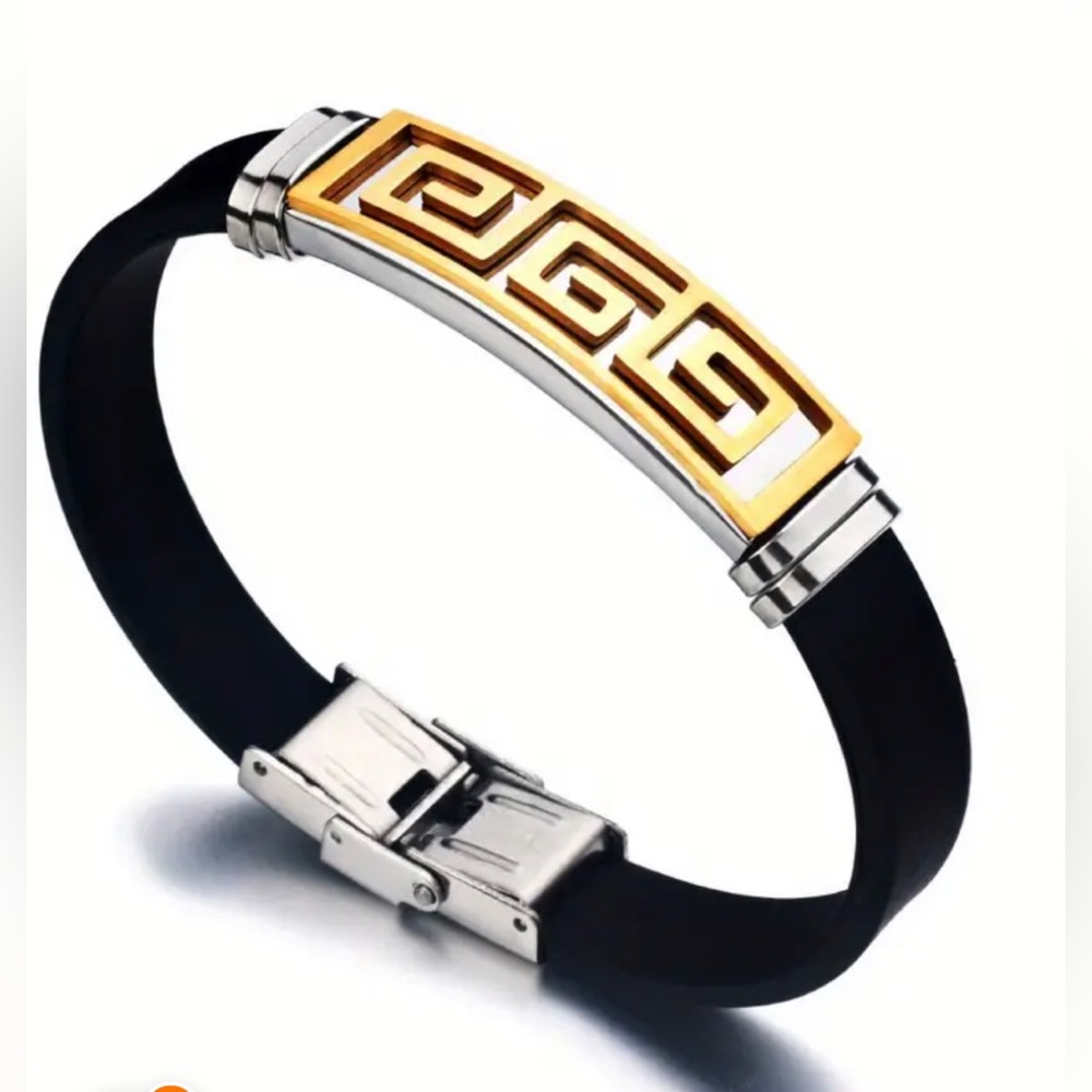 Men’s Grecian Key Stainless Steel & Silicone Bracelet in Gold, Silver & Black